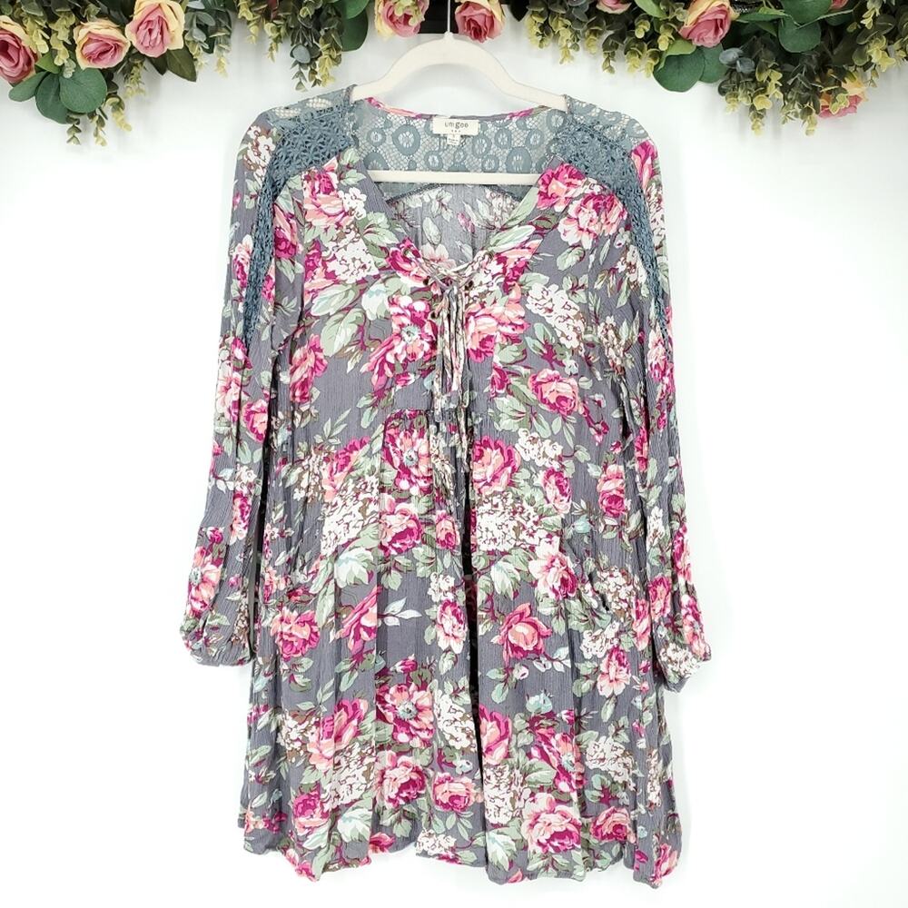 Umgee Gray and Pink Floral Long Sleeve Tunic Dress Small